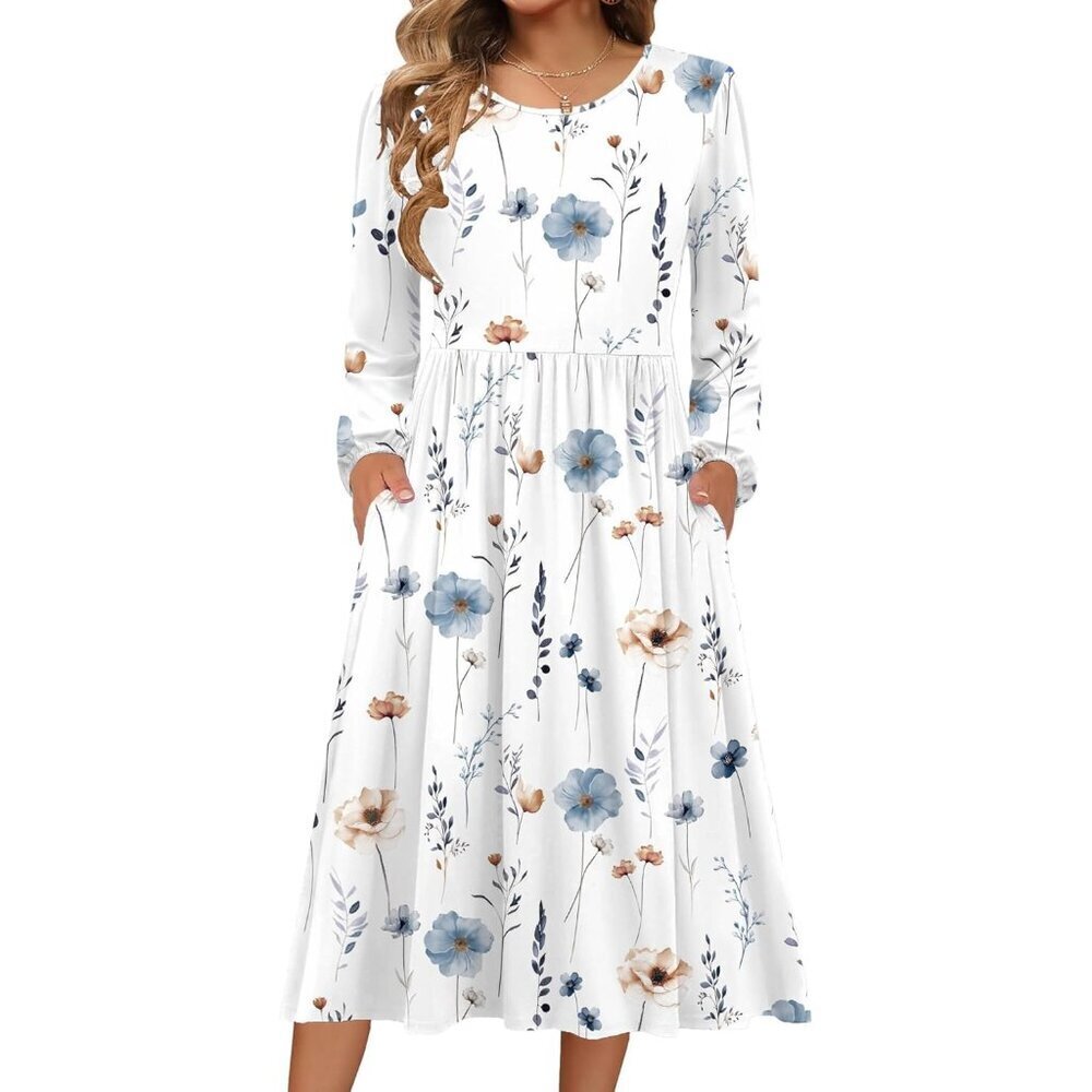 Zeagoo Women White Floral Long Sleeve Flowy A-Line Boho Long Dress with Pockets